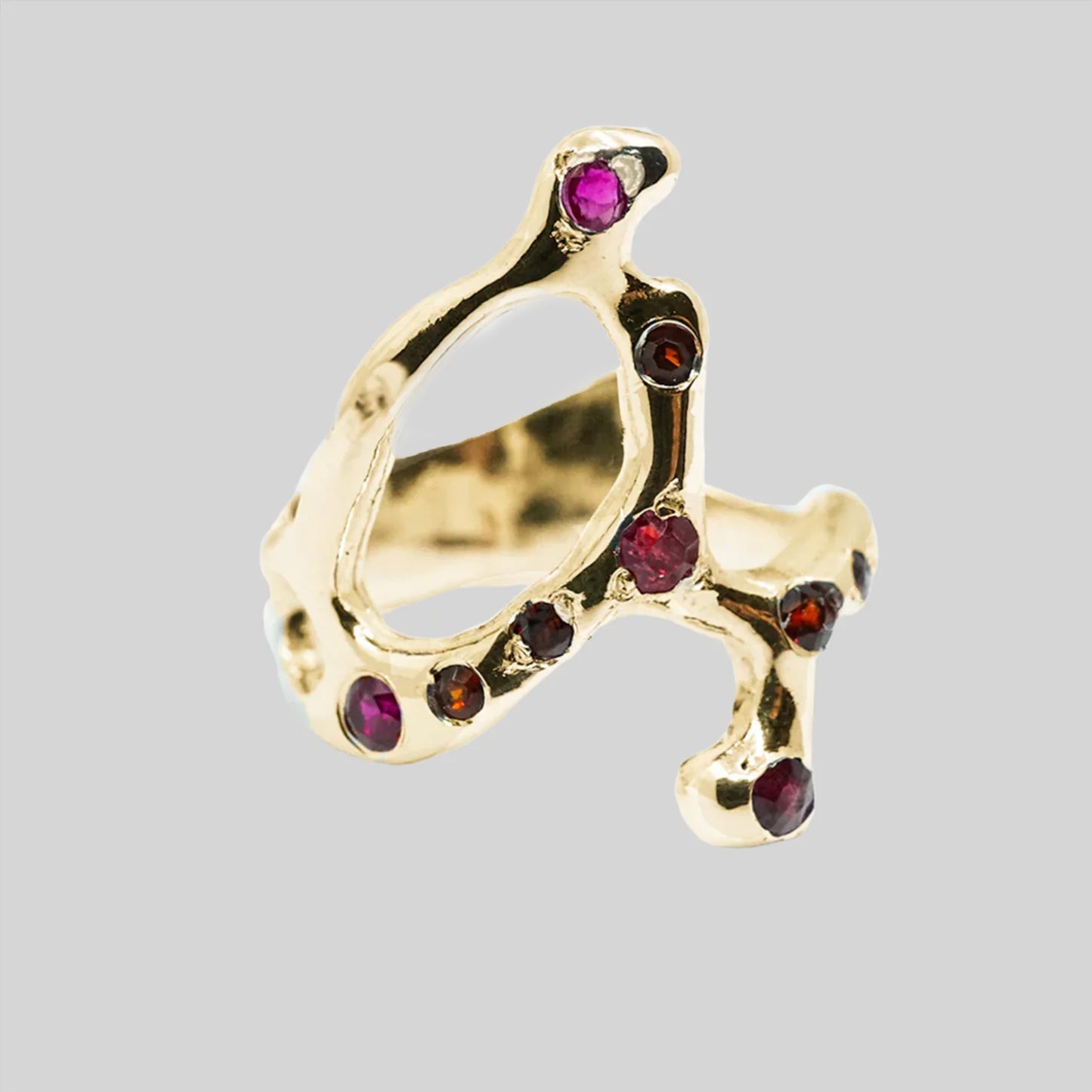 002 GOLD RUBY AND GARNET ALIEN RING