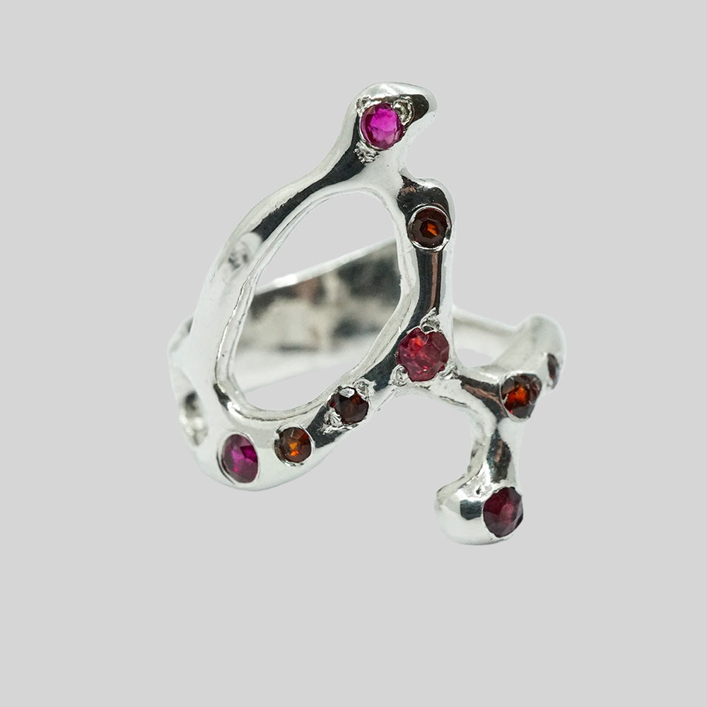 002 RUBY AND GARNET ALIEN RING